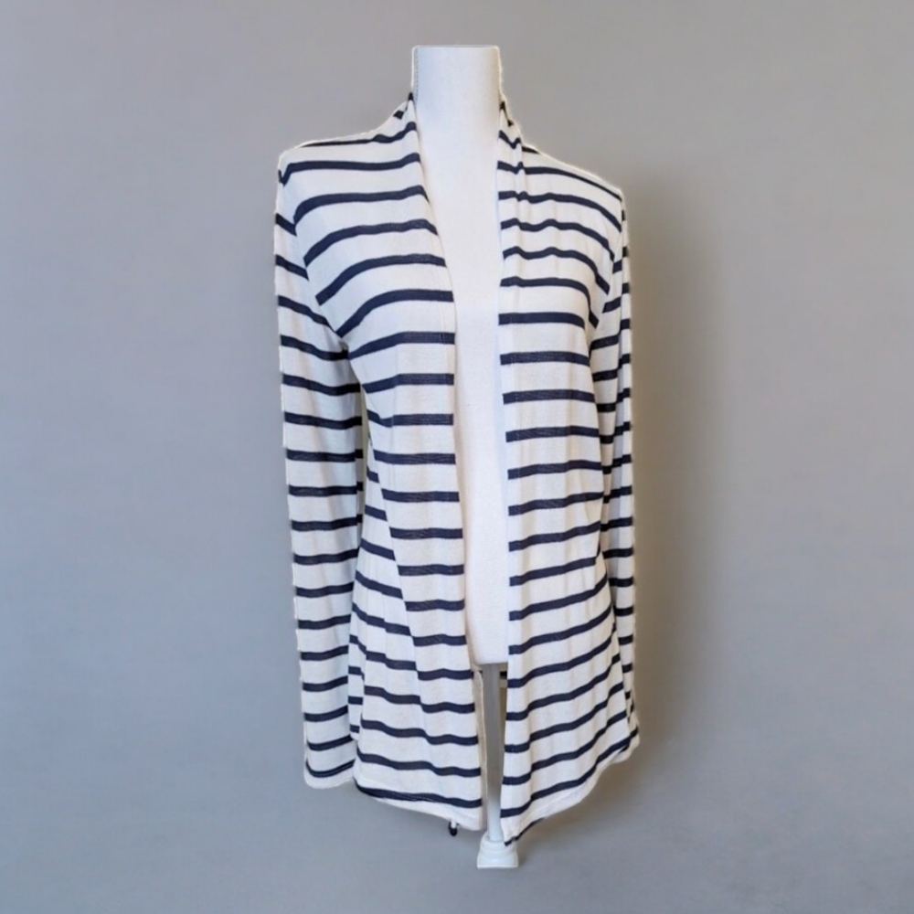 MIX Striped Long Sleeve White/Navy Open Cardigan- Size Large